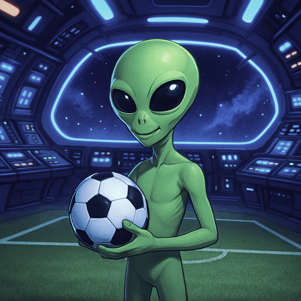 GALACTIC BETS CASINO green alien holding soccer ball inside spaceship sports room