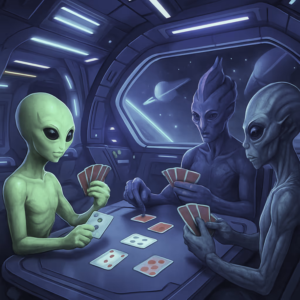 GALACTIC BETS CASINO aliens playing cards inside futuristic spaceship casino